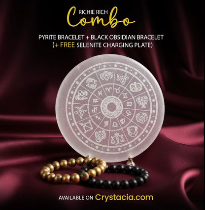 Richie Rich Combo (Pyrite Bracelet + Black Obsidian Bracelet) + Free Selenite Charging Plate