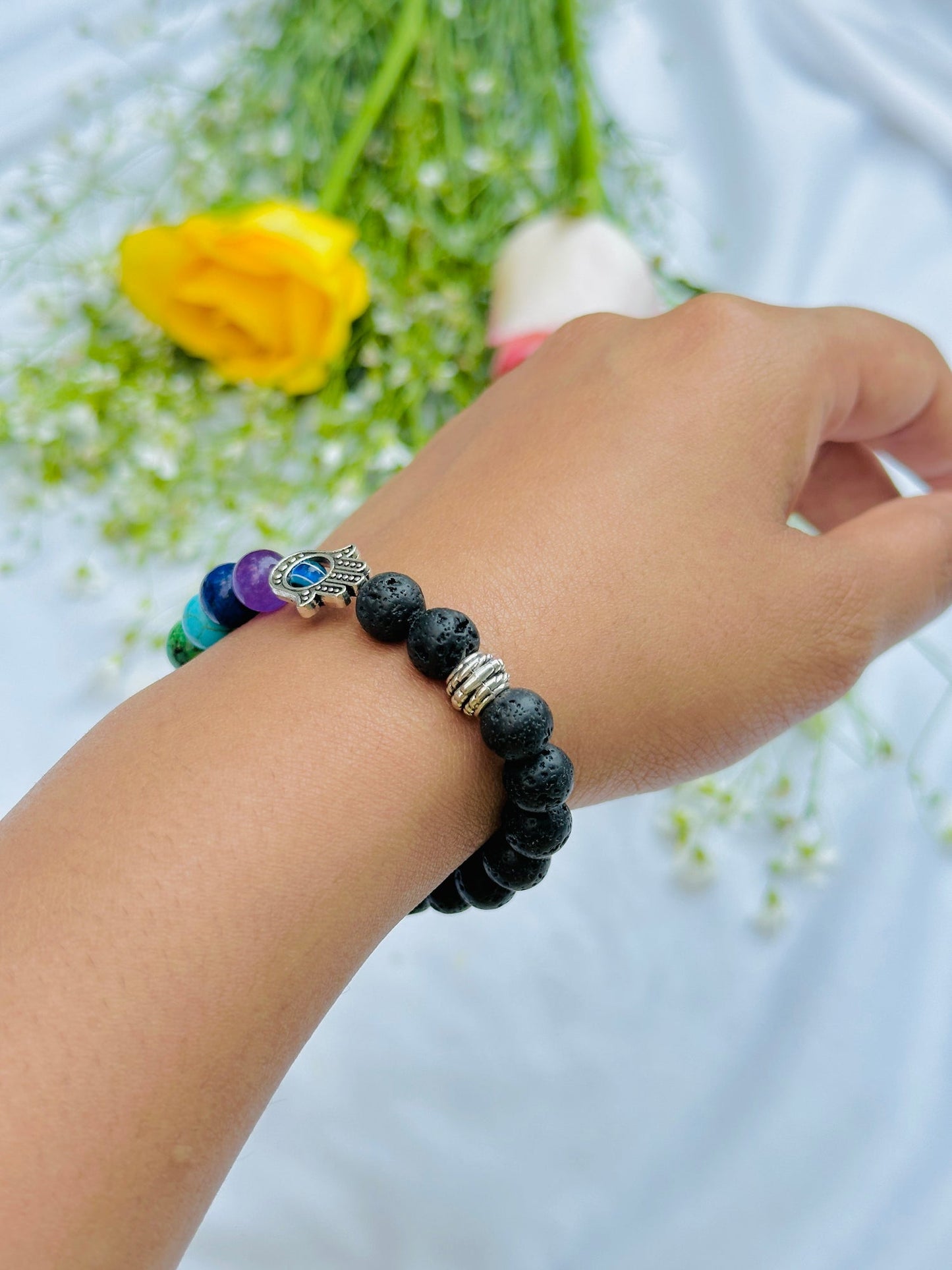 Seven Chakra with Lava Stone Bracelet (Evil Eye Protect)