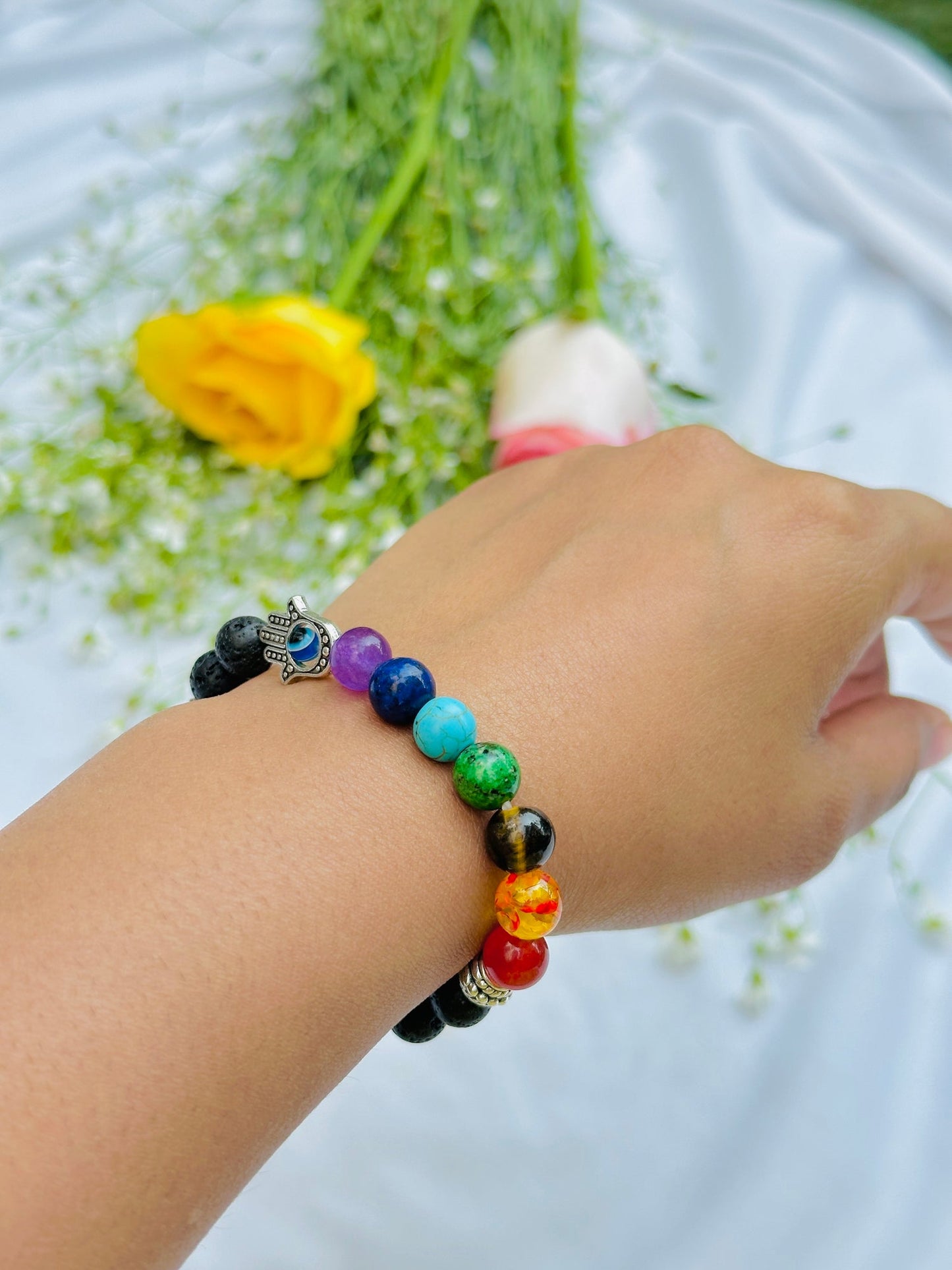 Seven Chakra with Lava Stone Bracelet (Evil Eye Protect)
