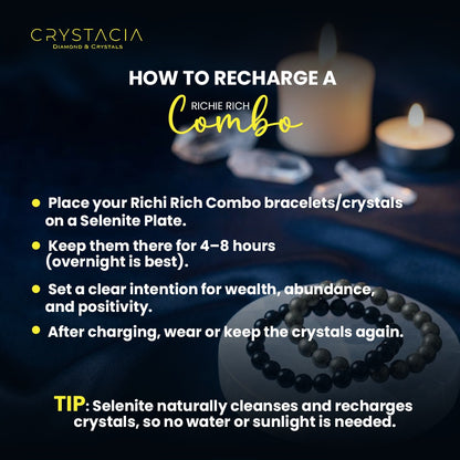 Richie Rich Combo (Pyrite Bracelet + Black Obsidian Bracelet) + Free Selenite Charging Plate